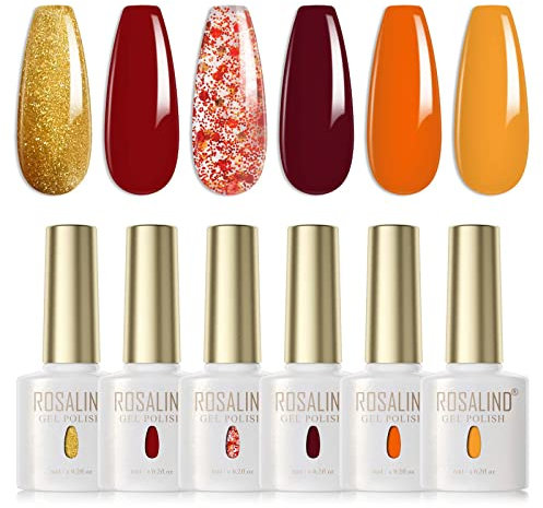 ROSALIND Smalto Semipermanente Giallo Arancione Rosso Glitter Rosso Oro 6 Pcs Smalti Semipermanenti UV LED Smalto Per Unghie Soak Off Gel Polish Colori Autunno