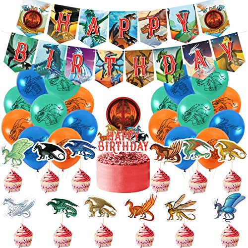 MEZHEN Dragon Geburtstag Deko Luftballon Tortendeko Dragon Ballon Girlande Happy Birthday Banner Dino Geburtstagsdeko Kindergeburtstag Latexballons 32 Stück