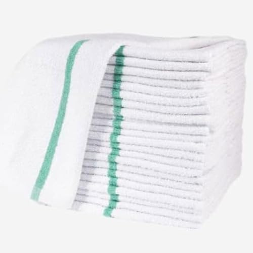 Linteum Textile Supply White Kitchen Bar Mop Terry Towels Green Striped 48 oz Reusable Cleaning Cloth 16x19 Inch Dishcloths for Washing Dishes Absorbent Dish Cloths 100% Cotton Bar Shop Rags 60 Pack