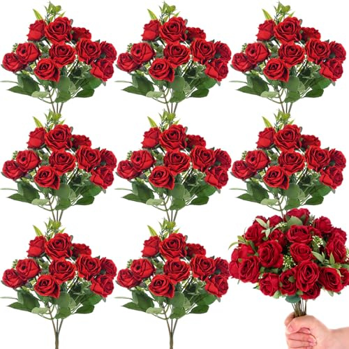Zeyune 8 Pack 12 Inch Mini Red Roses Artificial Flowers Bouquets with Long Stem 80 Heads Silk Red Rose Fake Flowers for Valentine's Day Decoration Wedding Bouquets for Bride Bridesmaid