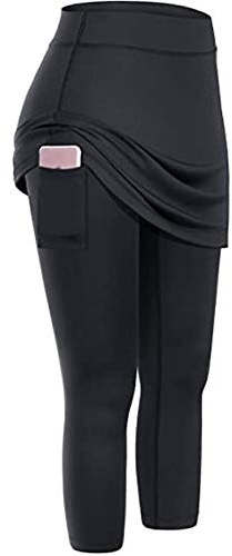 Buetory Skirted Leggings for Women Slim Fit Stretch Sports Yoga Cropped Pants with Skirts Athletic Workout Tennis Fitness Skirted Pants with Pockets Black