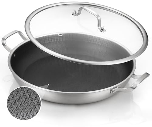 DELARLO Paella Pan 14 Inch Tri-Ply Stainless Steel Paella Pan with Lid Nonstick Frying Pan, Hybird Induction Large Skillets,Great for Paella Parties Indoors Outdoors,Heavy Duty Style