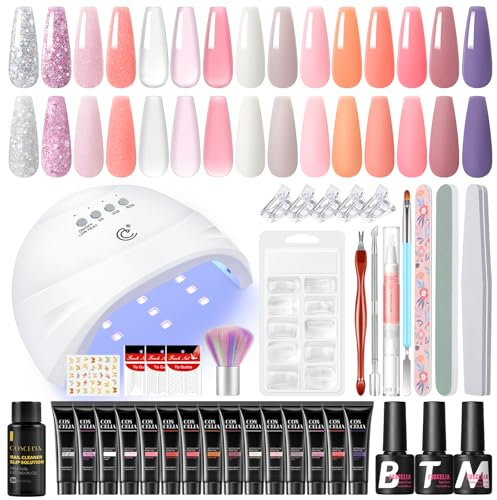 COSCELIA Nail Reconstruction Kit 15pcs Poly Nail Gel Extension with LED Lamp+U V 30pcs Pearls, Semi-permanent Nail Gel Reconstruction Kit Nail Builder Decoration Kit