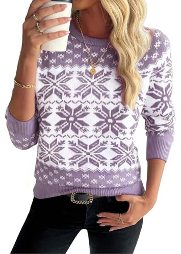 Demegimi Jersey Suéter de Navidad Suéter Divertido Navidad Copo Invierno Ropa de Punto de Reno Manga Larga Suéteres Invierno de Cuello Redondo