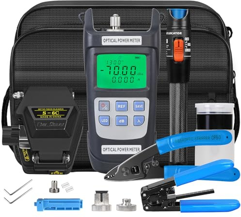 Fiber Optic Terminal kit 9-in-1 FTTH Tool kit Equipped with S-6C Optical Fiber Cleaver and high Precision Optical Power Meter A-Y710A (-70~+10dBm) Well as Wire Stripper Fibre Tool kit