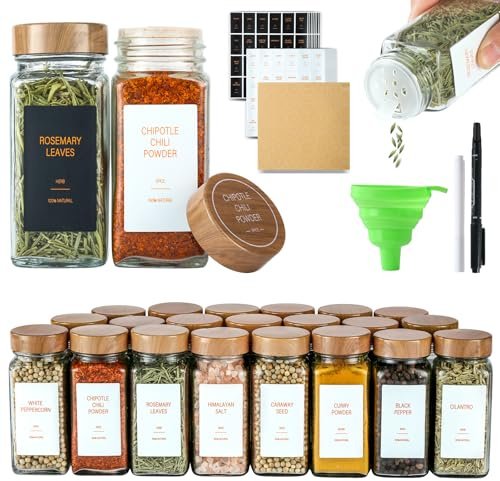 TESUNMU Spice Jars with Label，4oz Seasoning Containers, Glass Spice Bottles with Shaker Lids,Funnel, Chalk Pen (24)