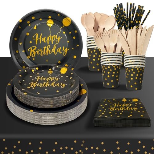 PYAILI Vaisselle Anniversaire Or Noir, 24 invités Vaisselle de fête Assiette en Papier Gobelet en Papier Pour les Fêtes, Mariages, Fêtes de Remise des Diplômes, Assiettes de Fête