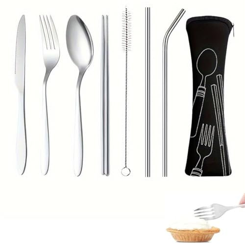 HABNI Camping Besteck, 7 Stück Edelstahl Besteck für Reise, Camping, Picknick - Mit Gabel, Löffel, Strohhalme aus rostfreiem Stahl, Bürsten und Bestecktasche