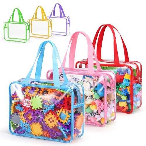 6 Pcs Clear Toy Storage Bags with Handle, Waterproof PVC Organisers with Double Zipper, Travel Container Pouch for Lego Bricks, Building Blocks, Cars, Puzzles, Pretend Play Toys (Multicolor)
