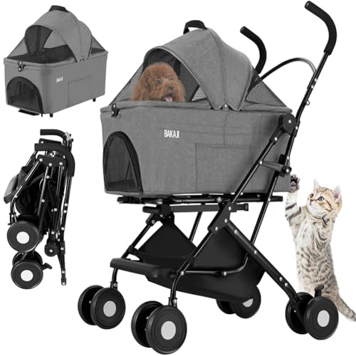 BAKAJI Passeggino per Animali Domestici 2 in 1 Carico Massimo 40kg Pieghevole e Salvaspazio, Capsula Rimovibile, Carrozzina per Cani e Gatti con Trasportino Removibile e Cestello Portaoggetti (Grigio)