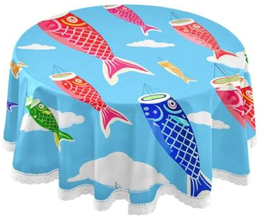 Burbuja Colorful Japanese Windsocks Round Tablecloth 60 Inch, Wrinkle Free Table Cover for Kitchen Dining Farmhouse Decoration with Lace Trim