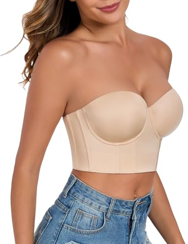 Lemorosy Women's Longline Strapless Bra Full Coverage Bustier Anti Slip Underwire Full Figure Plus Size Corset Top (36C,Beige)