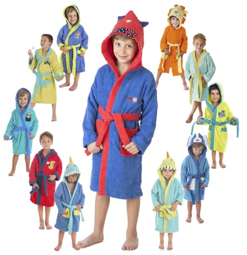 LEBENGOOD - Peignoir Enfant Garçon Fille Adolescent Unisexe - 100% Coton OEKO-TEX® - 2 Poches, Ceinture, Capuche, Peignoir en éponge très douce avec broderies (6-8 Hero)