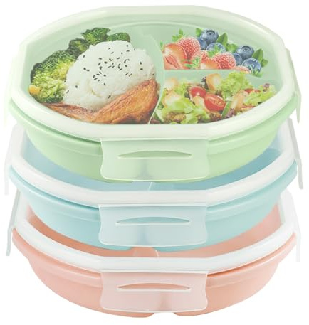 Mikrowellentallrikar, 3 st microvågssäkra tallrikar med lock, förvaringsdosa för hushållsgeråd, tallrik med indelning, spricksäker, delad maträttsplatta, uppvärmning, frysning, spricksäker