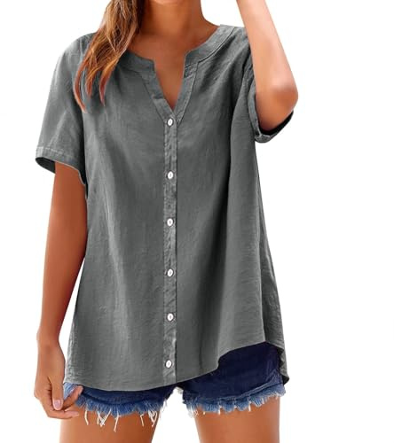 Chanpning Camicia di Lino Donna Coreana Estiva Manica 3/4 Camicette Elegante Oversize Blusa Top con Button Down T-Shirt Lunga Cotone Tinta Unita Camicetta Spiaggia Leggera Taglie Forti Magliette Mare