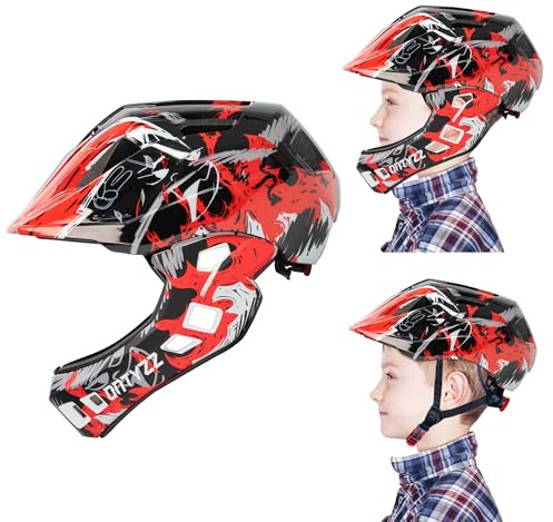 ONTYZZ Kids Full Face Bike Helmet with Detachable Chin Guard, Red, Cycling, Skateboarding, Mountain Biking