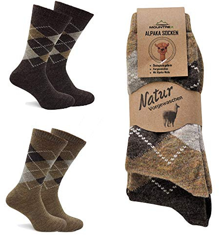 MOUNTREX® Calcetines de alpaca, calcetines de lana para hombre y mujer, calcetines de invierno, calcetines cálidos, calcetines térmicos, finos, calcetines de peluche, 2 pares, Beige/Marrón-Cuadros,