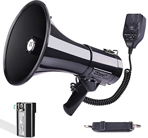 MGROLX 50 Watt Professional Bluetooth Megaphone Bullhorn Speaker with Rechargeable Battery & Portable Strap - Siren and Recording - USB/SD/AUX Input - for Police, Cheerleading, Outdoor
