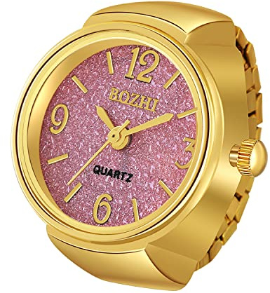JewelryWe Men Women Finger Watch Gold-Silver Plated Elastic Watch Rings Glitter Round Dial Quartz Ring Watches,