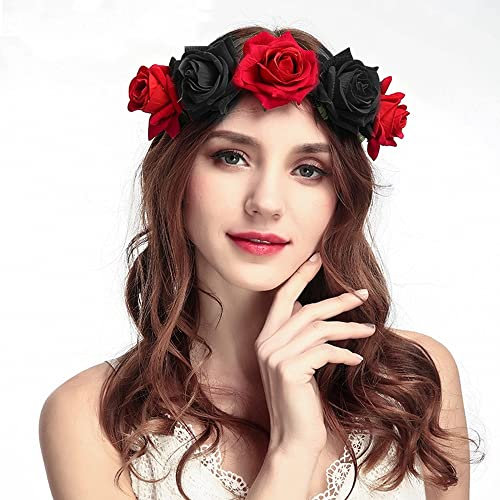 Halloween Cerchietto Fascia Rosa Rossa per Donne Corona di Fiori per Capelli Cerchietti Rose Rosse Fasce per Ghirlande Sposa Copricapo Accessori per Matrimonio Festa e Fotografia