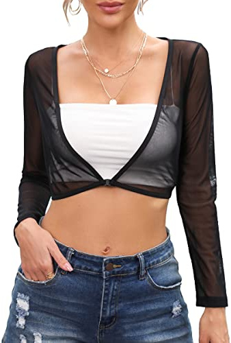 Buliezy Transparent Spets Kofta för kvinnor, med V-hals Sexig Kortärmad Svart Shrug Elegant Spets Ärmar för Kvinnor, Svart nät, M