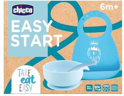 Chicco Set Pappa Silicone Easy Start, Set Pappa Bambino Antiscivolo, Senza BPA, Set Svezzamento 3 Pezzi Composto Da Bavaglino Rigido Easy Roll, Ciotola Easy Con Ventosa e Cucchiaino, 6M+, Azzurro