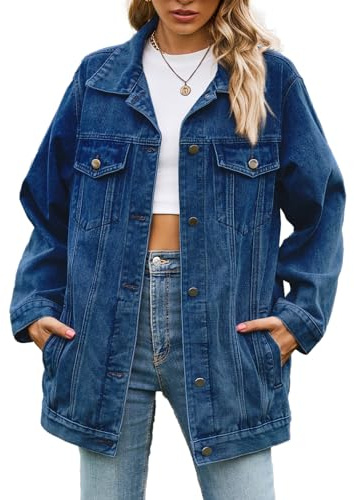 Vanchenl Chaqueta vaquera informal para mujer, holgada, con botones, cuello alto, manga larga, largo