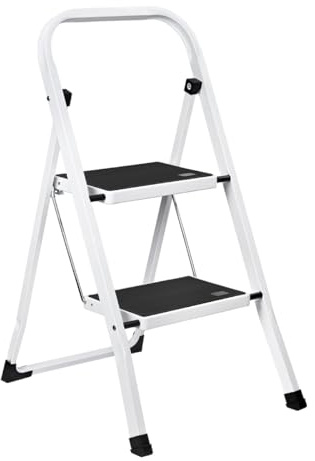 Escalera Plegable de 2 peldaños con Estructura de Acero | Taburete Multifuncional con Superficie Antideslizante y Base Estable | Ligera, portátil y Segura para hogar, Oficina y tareas domésticas