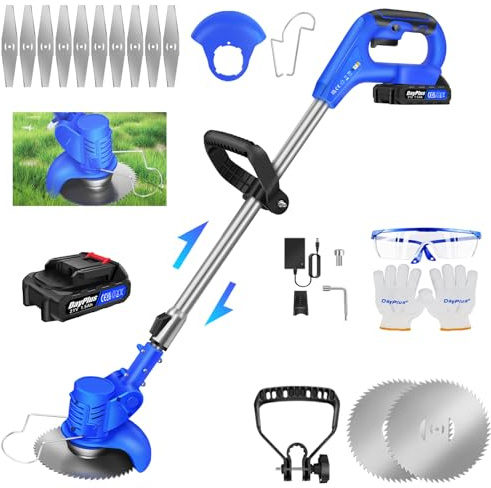 Decespugliatore a batteria, decespugliatore elettrico con batteria e caricabatterie, impugnatura regolabile, tubo telescopico, testina girevole a 90°, 10 lame, adatto per giardini, prati e arbusti