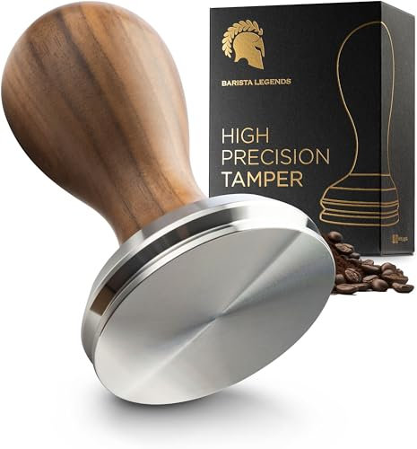 Barista Legends® Tamper de 58,5 mm – Prensador de espresso premium de acero inoxidable con mango de madera – Base anti_vacío para un disco uniforme sin canalizar – Accesorio perfecto para los amantes