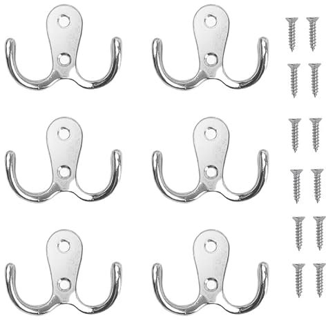 6 PCS Dual Coat Door Hooks, Double Prong Wall Mounted Hooks with Screws for Hanging Hat Tie Clothes Towel Metal Retro Cloth, Chrome Hanger for Bedroom Bathroom Kitchen - Silver
