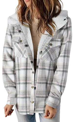 Hivebabe - Camicia da donna foderata in pile di flanella, a maniche lunghe, con bottoni, con cappuccio, cappotto caldo, bianco, L