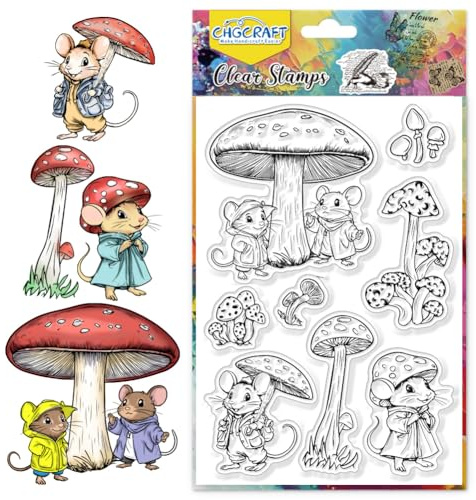 CHGCRAFT Mouse Mushroom Umbrella Clear Silicone Stamps Transparent Craft Stamps, for DIY Scrapbooking Card Making Photo Journal Album Decor 4.3x6.3 Inch