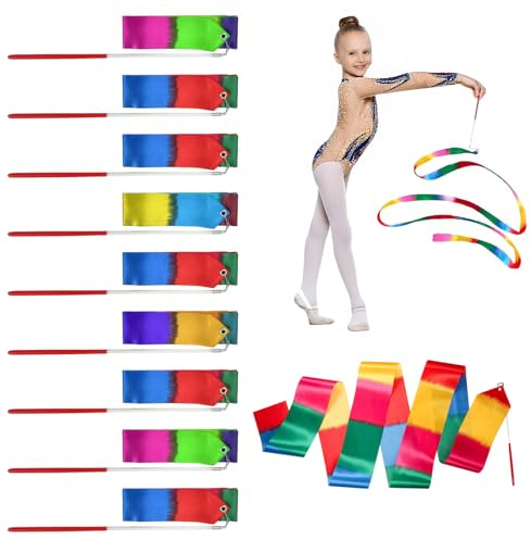 MetalNuts 9PCS Silk Gymnastics Ribbons for Kids, 200cm Rainbow Streamers for Artistic Dance, Talent Shows, Kids Gymnastics Equipment, Party & Gift-Ready Dance Equipment