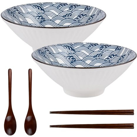 CZCMYAU 1200ml Ceramic Ramen Bowl Set of 2 with Chopsticks and Spoons Large Japanese Udon Soba Asian Soup Noodle Bowls Microwave Safe