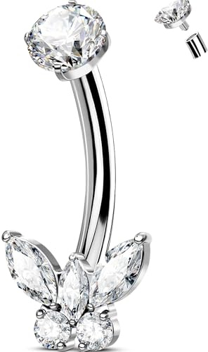 OUFER Body Piercing Barre per ombelico Clear CZ Belly Bar Titanio 14G Barre per ombelico internamente Gioielli per ombelico Farfalla Piercing per ombelico