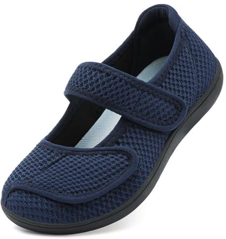 JOINFREE Womens Walking Shoes Mary Jane Wide Fit Casual Trainers Barefoot Adjustable-Strap Zero-Drop Non-Slip Comfort Shoes for Swollen Feet, Oedema, Arthritis, Elderly & Pregancy Navy Blue 5 UK