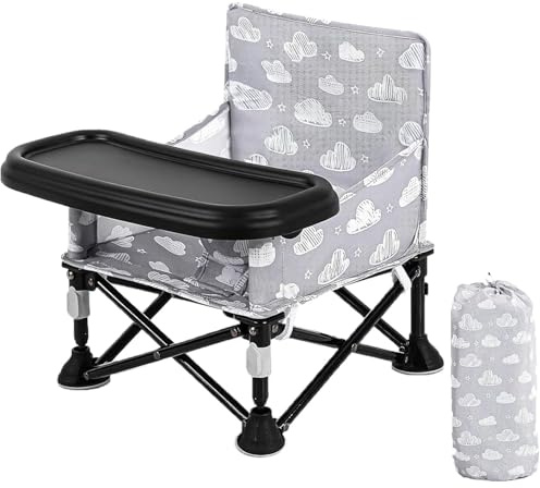 LADIDA Trona portátil para bebé con bandeja extraíble, trona plegable de viaje con bolsa de viaje, silla de alimentación plegable con estampado de nubes para interiores y exteriores, playa, picnic 304