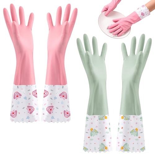 ZenyTra Spülhandschuhe Set mit Hundemuster - 1x Rosa + 1x Grün, Extra Weite Öffnung, Wasserdicht & Wärmegedämmt für Geschirrspülen, Reinigung und Gartenarbeit