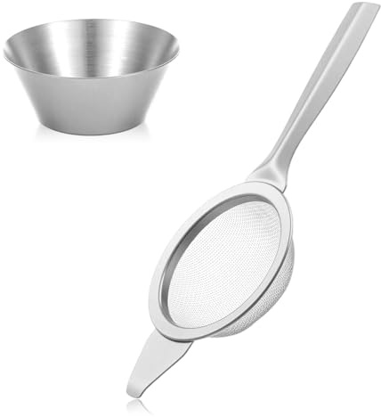 TIESOME Matchasil med kopp av rostfritt stål, finmaskig sil 6 cm mini hushållssil kökssil med förstärkt handtag för siktning, silning, avrinning (silver)