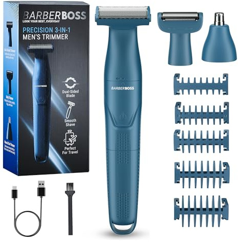 BarberBoss Rasoio da uomo 3 in 1, kit per la cura di barba, capelli, naso, orecchie e corpo, rifinitore di precisione da uomo, rasoio senza fili con ricarica USB, rasoio multifunzione, QR-2303 (Blu)