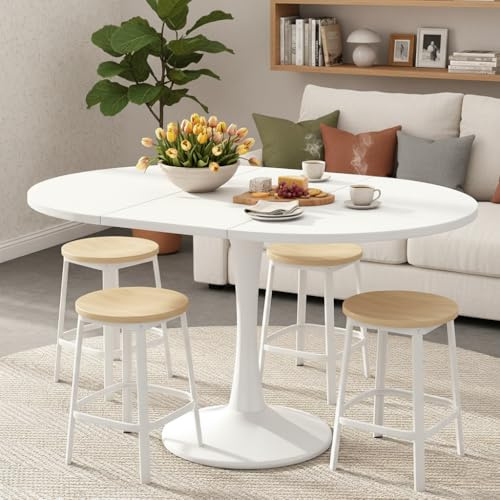 PLLBIKK Vitt matbord, utdragbart, 100–140 cm ovalt/runt matbord för 2–8 personer, träbord, modernt vardagsrumsbord och köksbord, matbord, runt bord (A, vit)