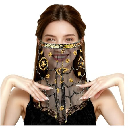 YUEXNKO Velo per il viso Velo facciale con paillettes Velo per la faccia di danza del ventre Velo da donna per danza del ventre per Performance Accessorio in costume di Carnevale per donne e ragazze