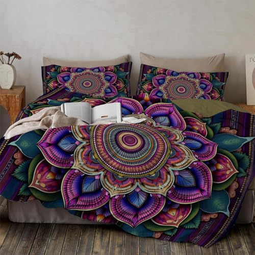 Twin Duvet Cover Sets - Intricate Mandala Patterns Pattern Print Reversible Duvet Set (1x Quilt Cover, 1 x Pillowcases) Soft Microfibre Bedding Bed Set 68x 90, Dark Purple