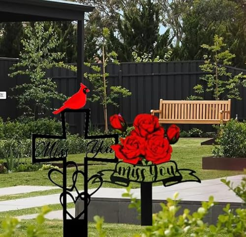 FUBESK Set di 2 marcatori da giardino in metallo per decorazione tombale con croce e rose, in ferro
