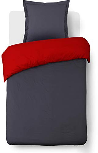Vision - Wende-Bettwäsche, zweifarbig, Rot/Anthrazit – Bettbezug 140 x 200 cm, mit 1 Kissenbezug für Einzelbett, 100% Baumwolle