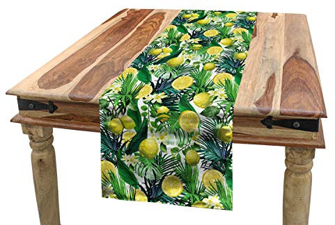 ABAKUHAUS Dschungel Tischläufer, Exotische Pflanzen Green Leaf, Esszimmer Küche Rechteckiger Dekorativer Tischläufer, 40 x 300 cm, Grün Gelb