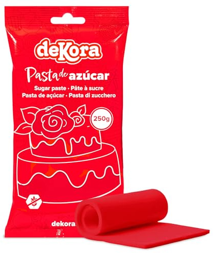 Dekora - Fondant Rojo | Pasta de Fondant para Tartas - Cobertura para Bizcochos, Tartas, Pasteles, Magdalenas o Cupcakes con el que Poder Hacer Todo Tipo de Decoraciones - 250 gr