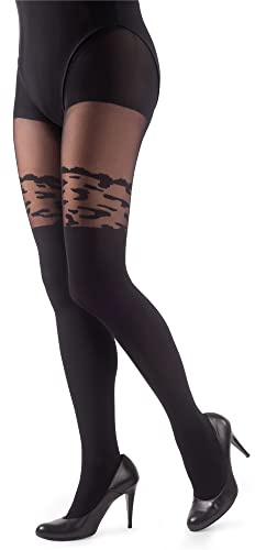 NOQ Stockings Imitation Tights Matt Semi Sheer Ladies Sexy Pantyhose Over-knee Pattern Office Date Patterned Outfit, Leopard Nero S