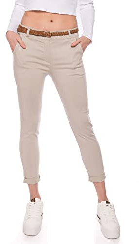 Kendindza Pantalon chino stretch pour femme avec ceinture Pantalon en tissu élégant long, beige, L